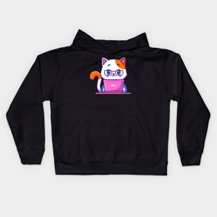 Cute Cat Working On Laptop Cartoon Kids Hoodie